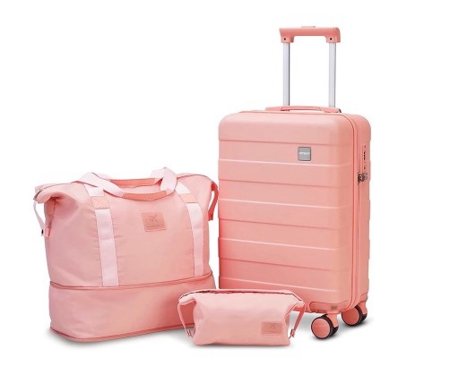 joyway 3-piece luggage set 20-inch carry-on suitcase with spinner wheels tsa lock travel duffel bag and toiletry bag hardside lightweight luggage pink