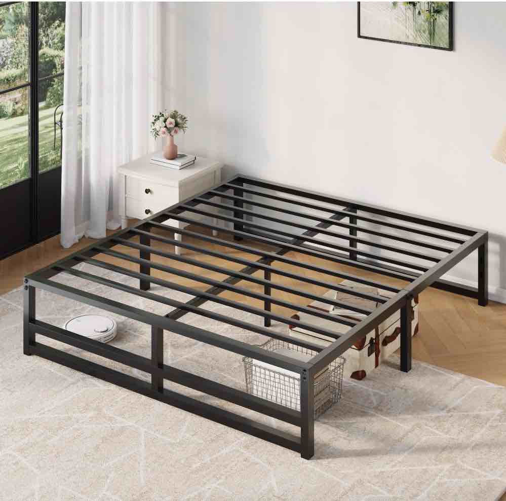 amolife queen size metal platform bed frame with 14  under bed storage  black