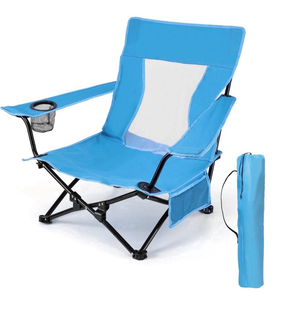 walchoice folding beach chair for adults, low seat camping chair with high back, wide seat chair with cup holder & carry bag, heavy duty portable chair for outdoor picnic travel - blue