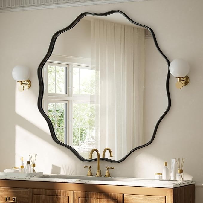 beautypeak 36 wavy round bathroom mirror wall decor with deep frame black