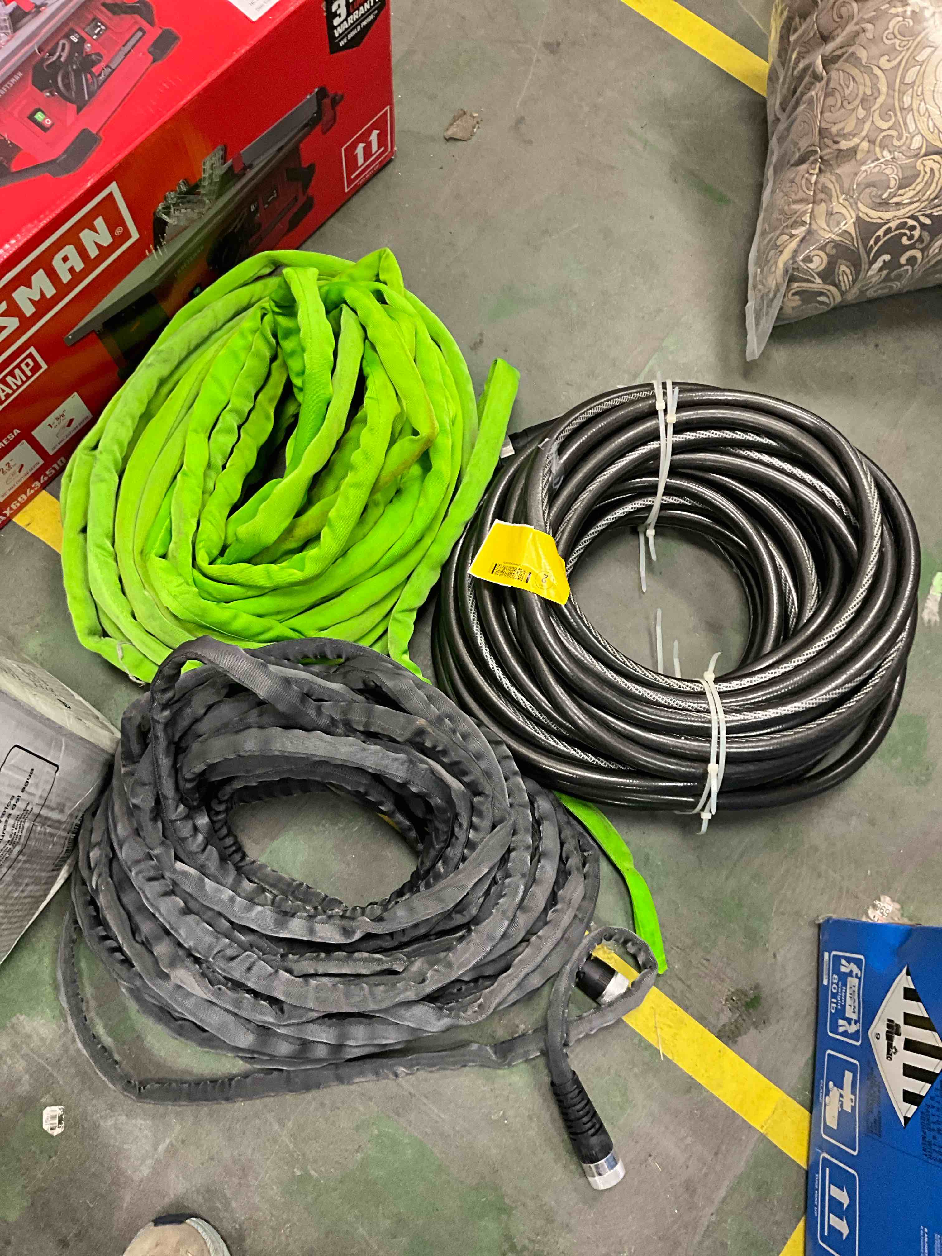 Condition photo showing As Is for 3 assorted hoses (untested)including neverkink teknor apex 5/8-in x 100-ft heavy -duty kink free vinyl gray coiled hose
