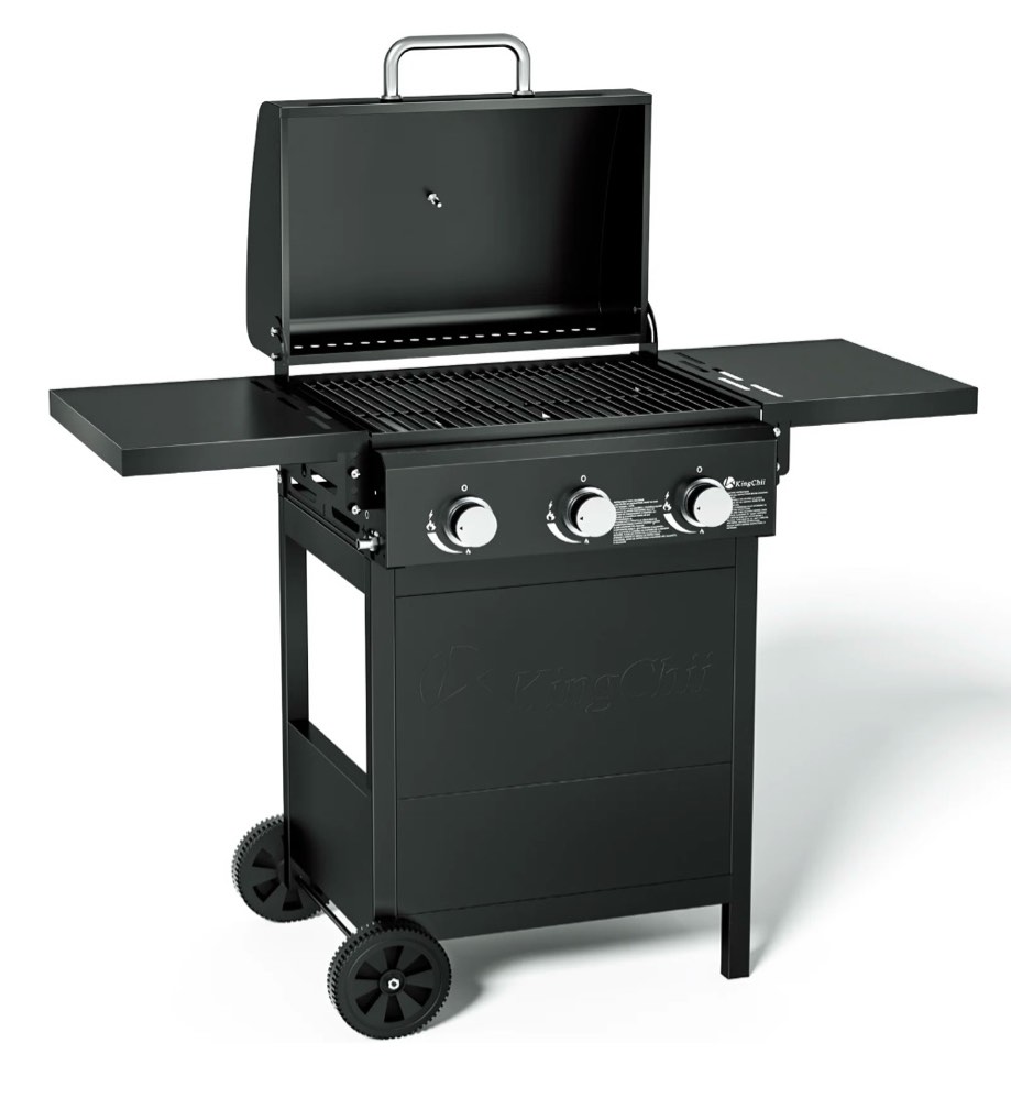 kingchii 3-burner propane grill, 28,500 btu btus gas grill with foldable side tables, built-in thermometer for outdoor grilling, bbqs and camping