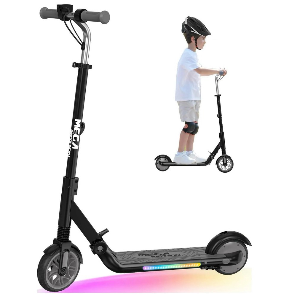 mega motion me1 electric kids scooter – children and toddler foldable kick scooter – adjustable handlebar – indoor and outdoor - 3 speed adjustment  with led lights & rear brake – ages 6+