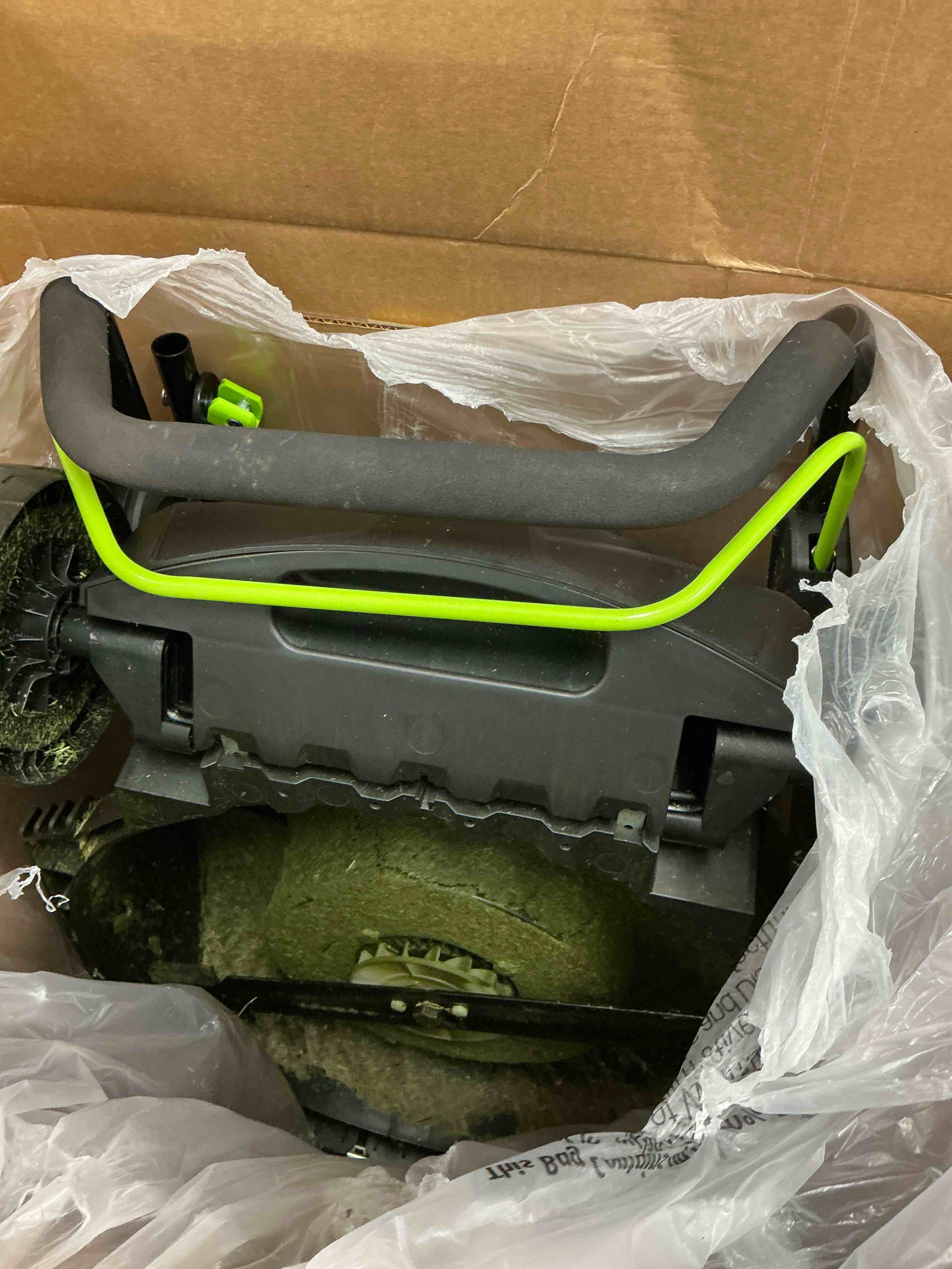 Condition photo showing As Is for steelite 17" cordless lawn mower, 2x21v battery powered walk-behind push mowers,electric lawn mowers with brushless motor, 2-in-1 mulching & bagging,6 heights adjustment, 2*4.0ah battery included