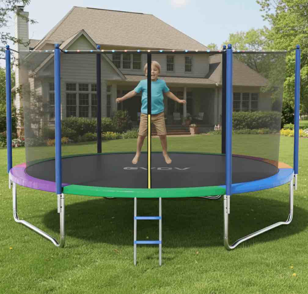 gvdv outdoor trampoline, 8' backyard recreational trampoline with enclosure for kids & adults