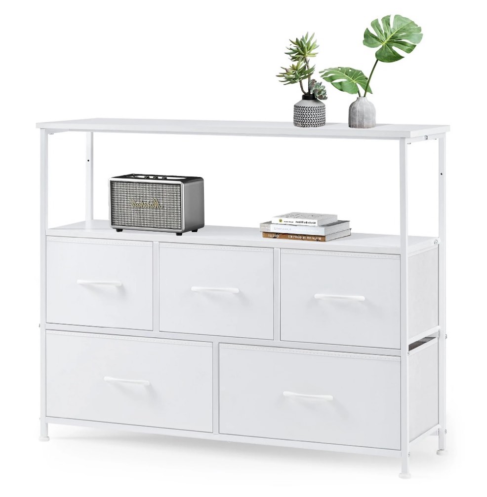 edx dresser tv stand, entertainment center with 5 fabric drawers, media console table with open shelves for tv up to 45 inch for bedroom, living room, entryway, white