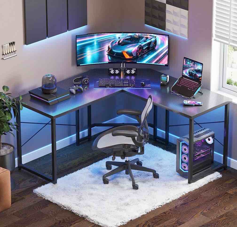 casacomoda computer desk l shaped, 51 inch reversible l shaped desk, gaming desk, home office desk, carbon fiber black