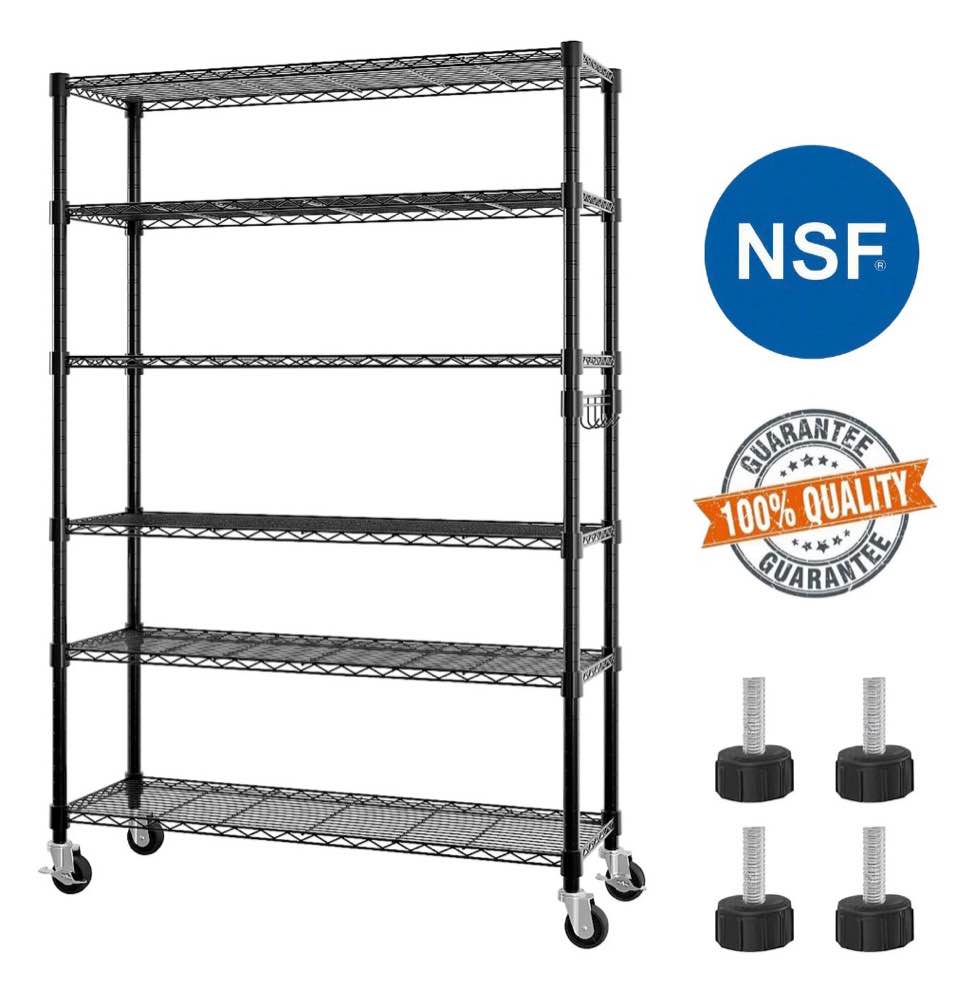 ktaxon 6 tier wire shelving with wheels 2400 lbs capacity,  heavy duty storage rack for home garage, 46"w x 18"d x 82"h adjustable shelves, black