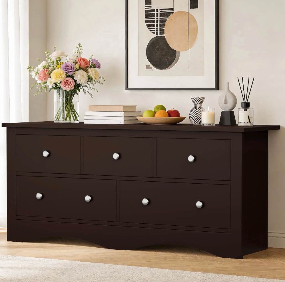 homall 5 drawer double dresser, modern wood chest of drawer for living room bedroom,brown