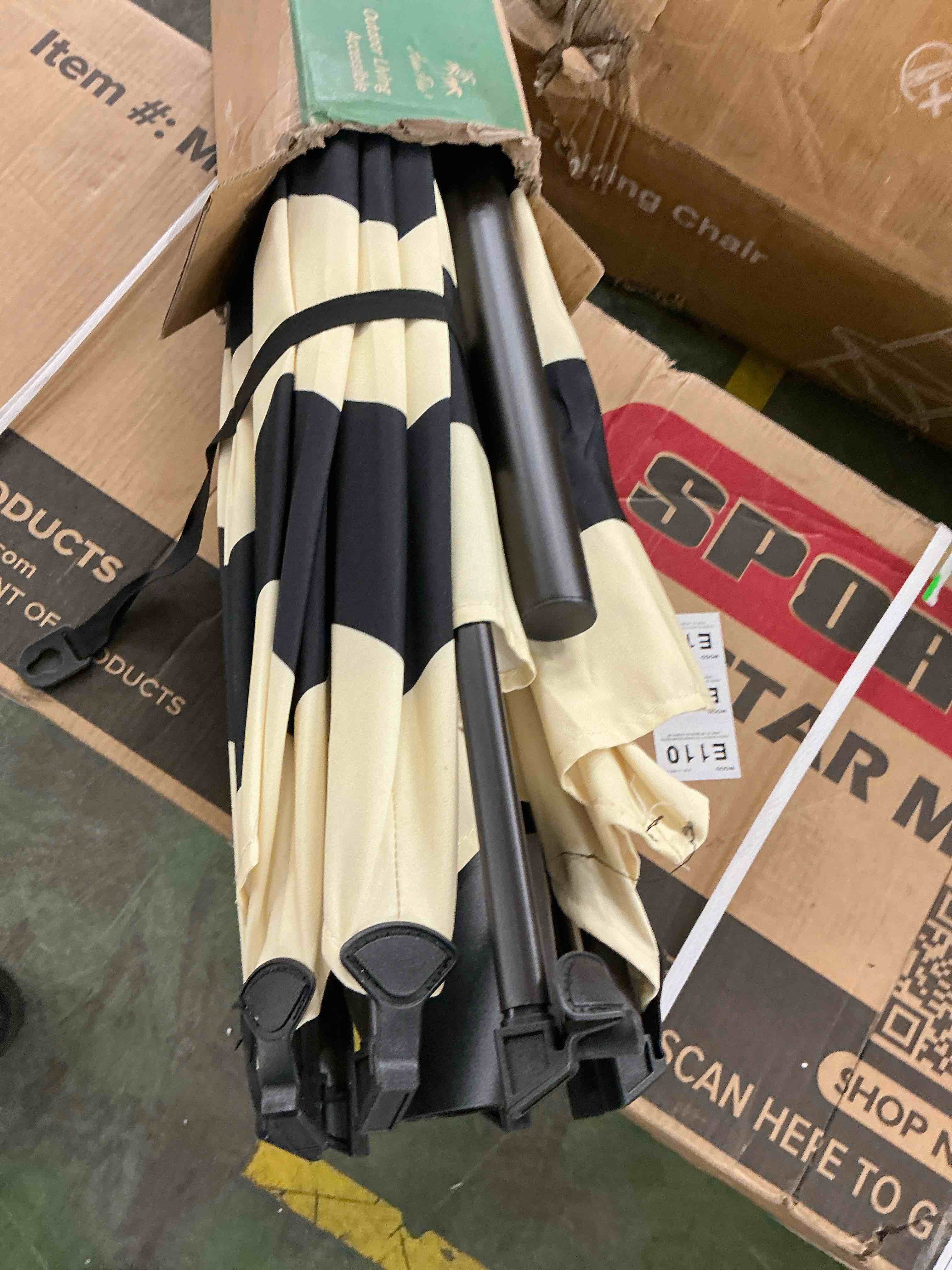 Condition photo showing Good Condition for abba patio 9ft outdoor patio umbrella  push button tilt and crank  8 ribs  black & cream stripe