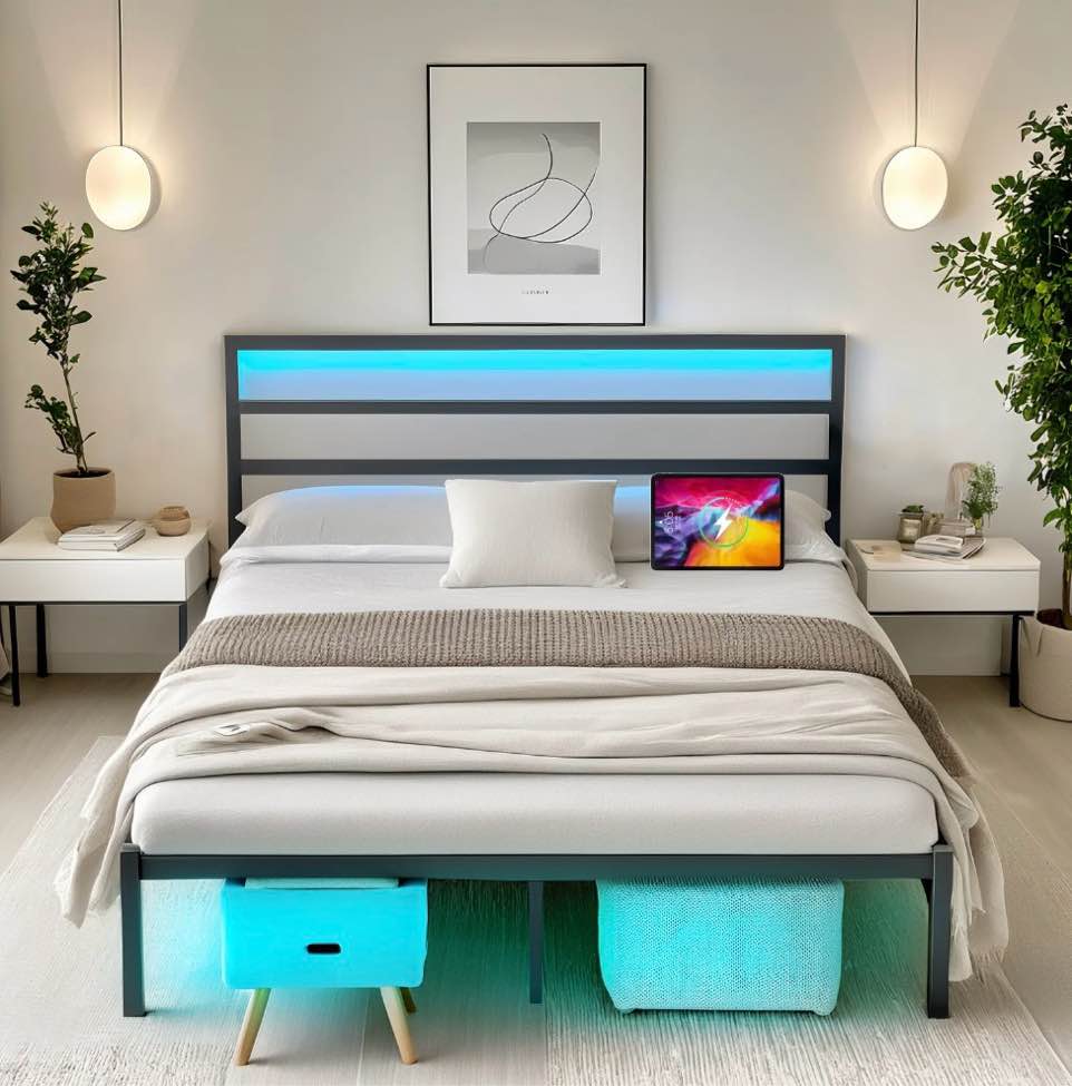 chuangshuo guard full size bed frame with led storage headboard shelf, noise-free, metal platform bed, black