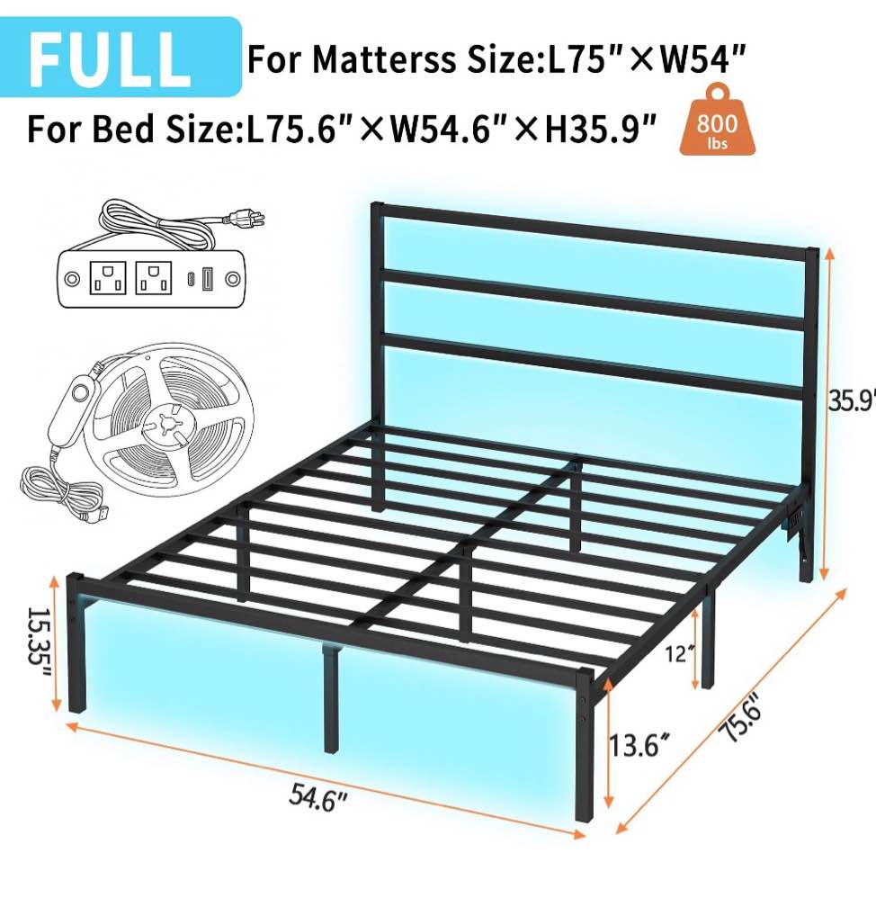 Condition photo showing New/Like New for chuangshuo guard full size bed frame with led storage headboard shelf, noise-free, metal platform bed, black
