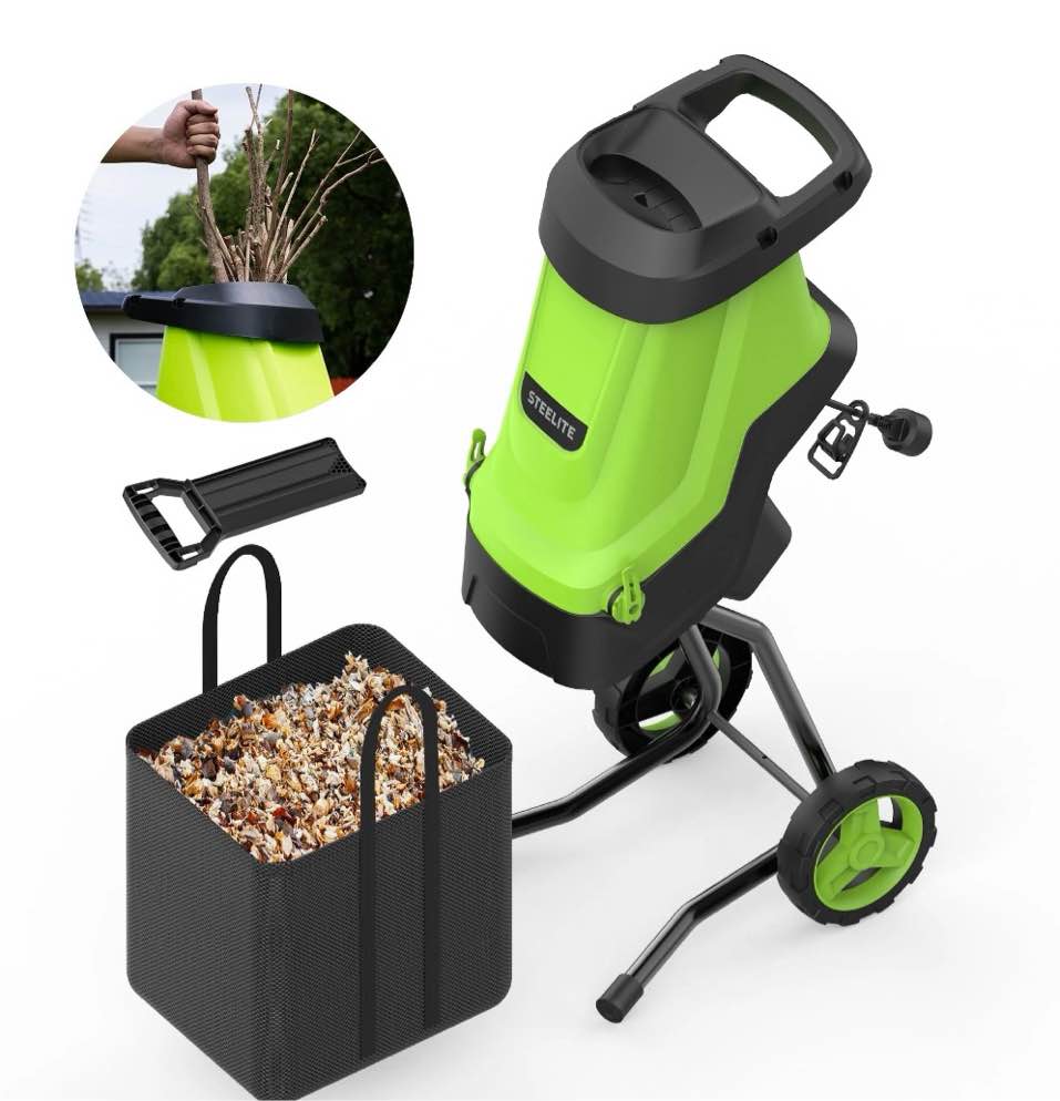 steelite electric wood chipper shredder,15-amp corded leaf mulcher with 45l collection bag, 1.75 inch cutting diameter,wood chippers, shredders, & mulchers