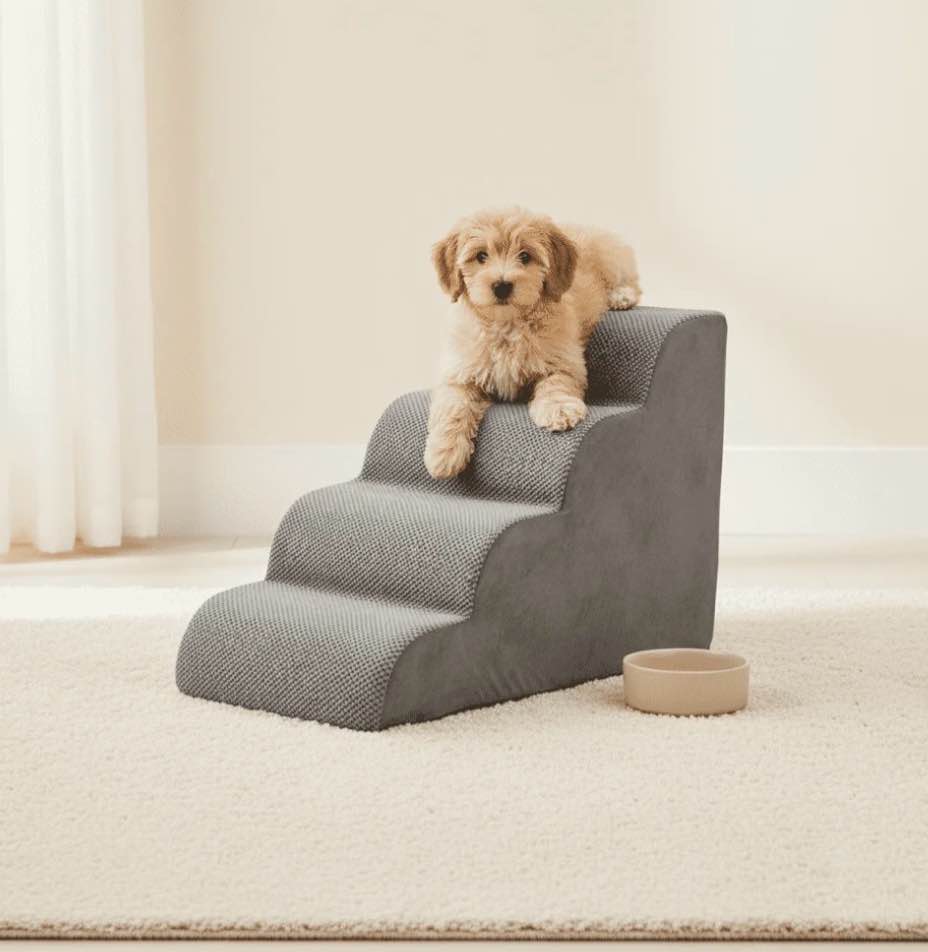 edx 4-step 18'' tall dog stairs, rounded-corner design, non-slip foam core, easy clean, indoor & outdoor use for high beds & sofas