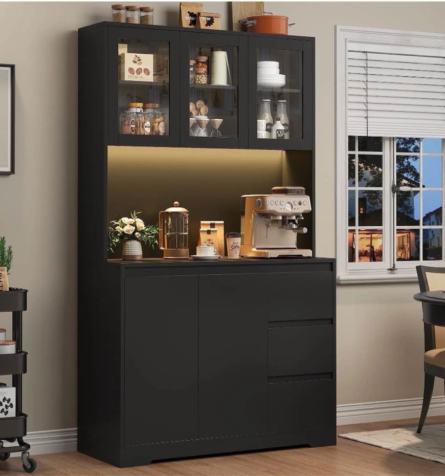 homfa 70.9'' kitchen pantry cabinet with charging station and led light, 3 drawers buffet storage cabinet with glass doors and adjustable shelves, bla