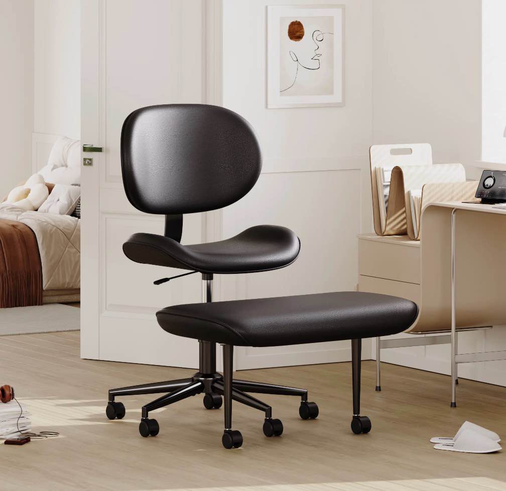 pinmoco upgraded ergonomic cross legged swivel chair, adjustable height and pu leather, meditation chair with back support, home and office, black