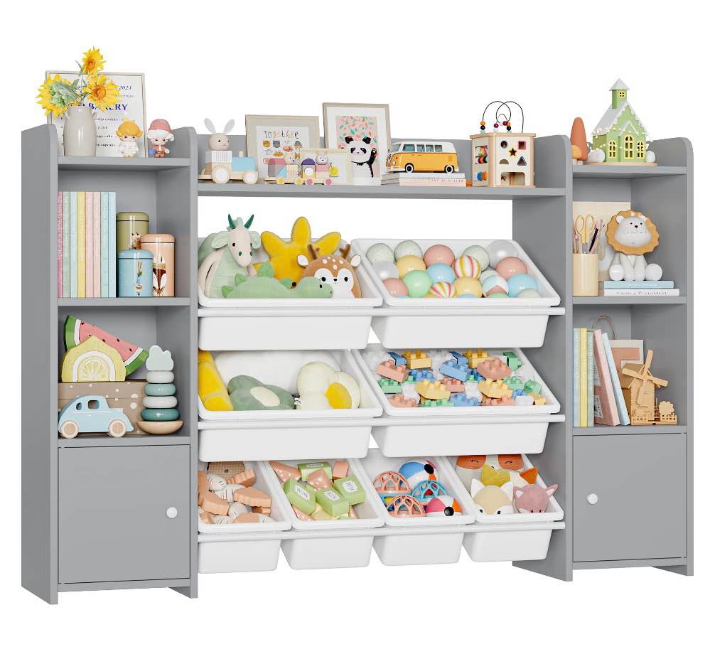 Condition photo showing New/Like New for homfa kids toy organization cubby bookcase with 8 bin, 2 door gray storage organizer bookshelf for children room playroom