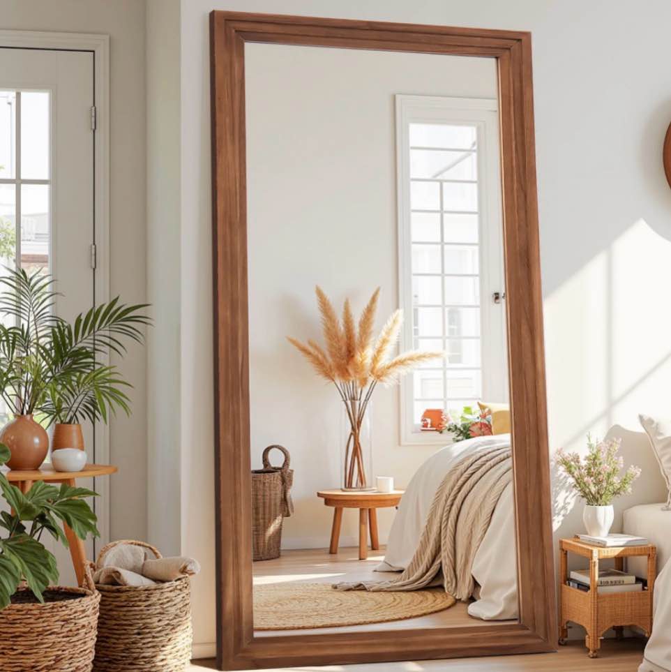 antok 76 x34 rectangle full length mirror with stand standing floor mirror with solid wooden frame full body mirror vintage walnut