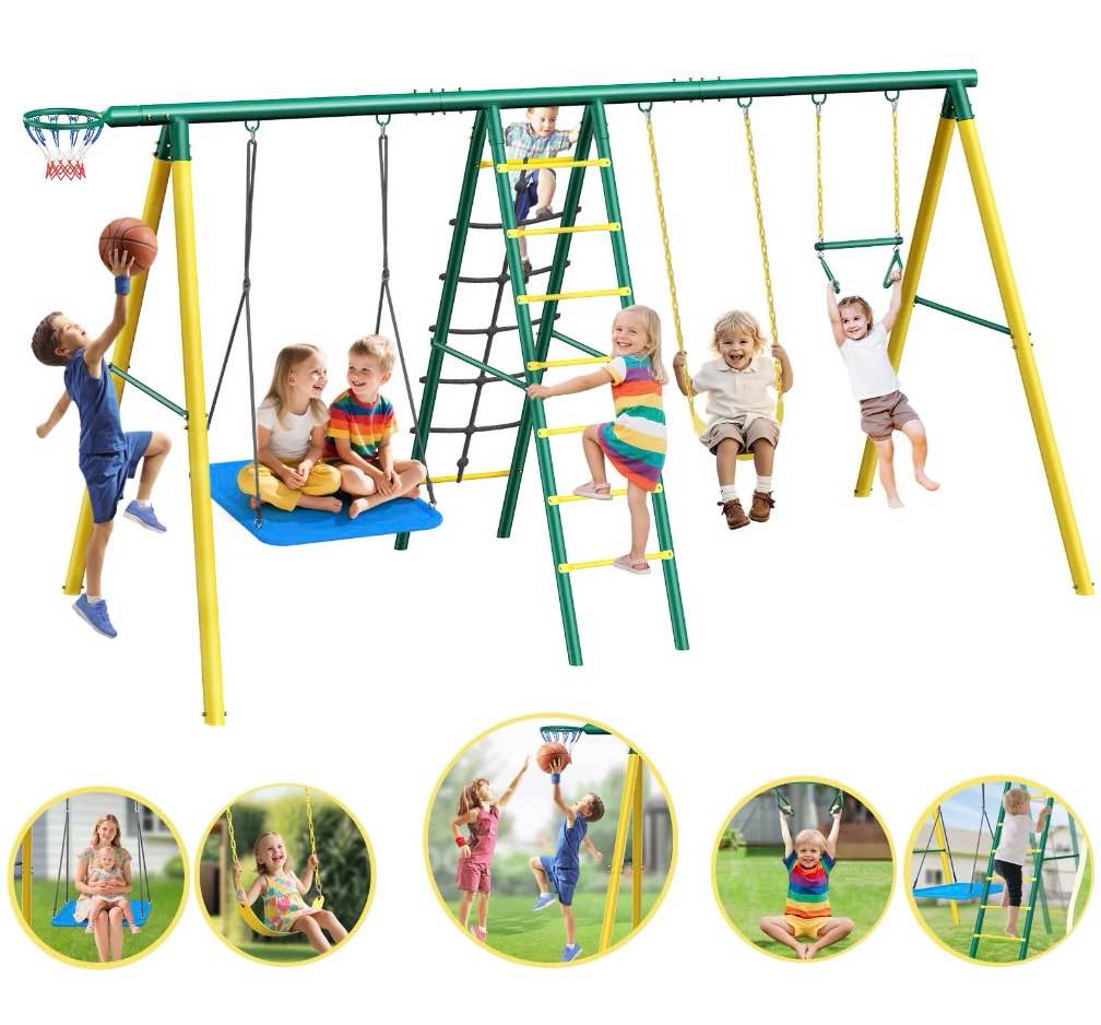 Condition photo showing Good Condition for metal swing sets for backyard,heavy-duty outdoor kids playsets for playground,outside toys with 2 swings,trapeze bar and basketball hoop for aged 3-12