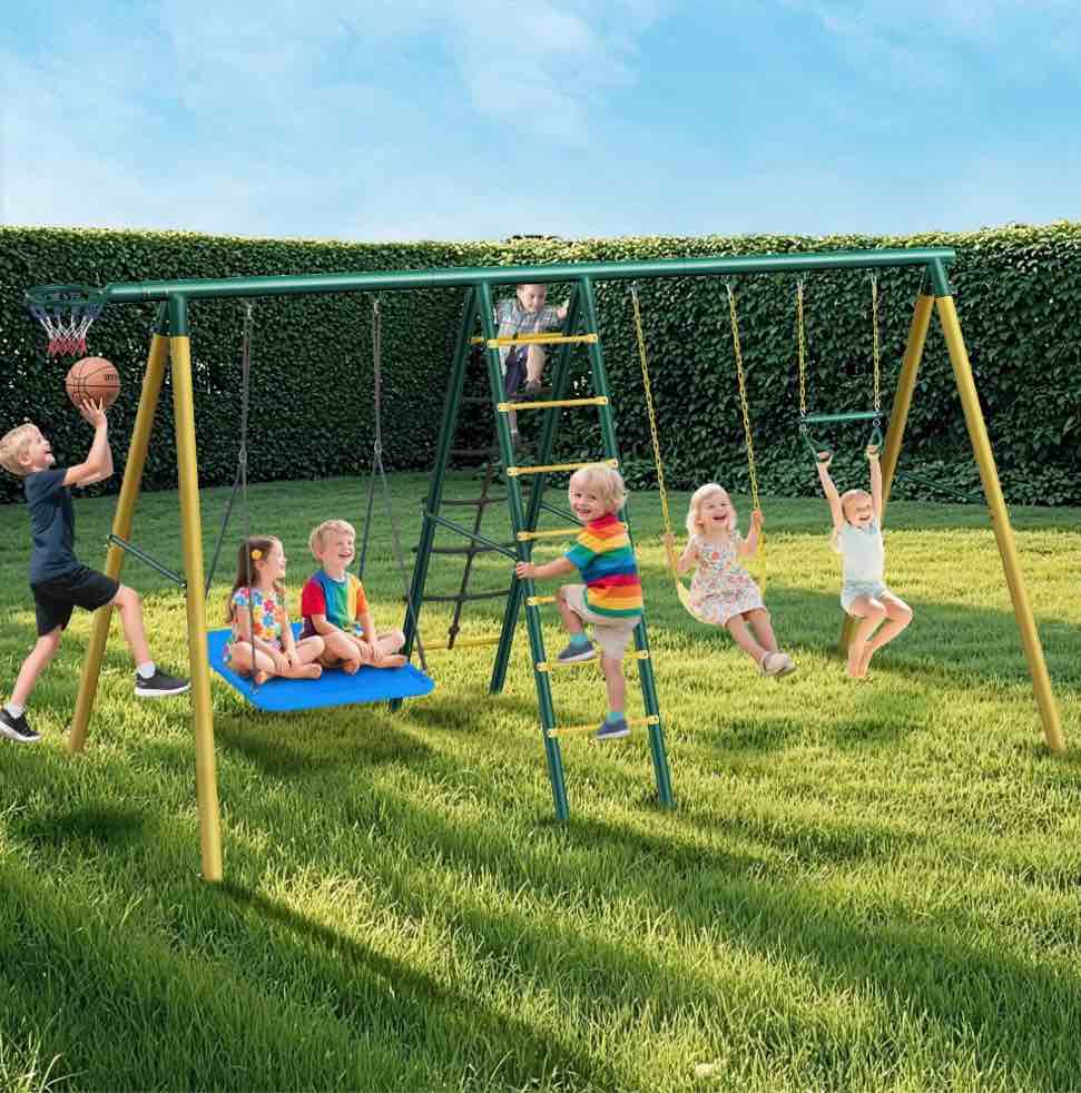 metal swing sets for backyard,heavy-duty outdoor kids playsets for playground,outside toys with 2 swings,trapeze bar and basketball hoop for aged 3-12