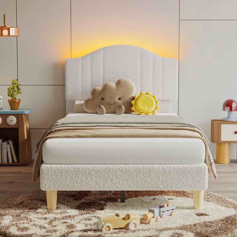 pinmoco twin upholstered bed frame with adjustable arc-shaped headboard, led platform bed, teddy velvet white