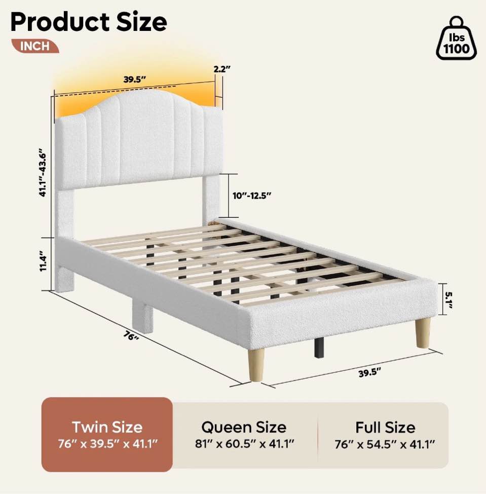 Condition photo showing New/Like New for pinmoco twin upholstered bed frame with adjustable arc-shaped headboard, led platform bed, teddy velvet white