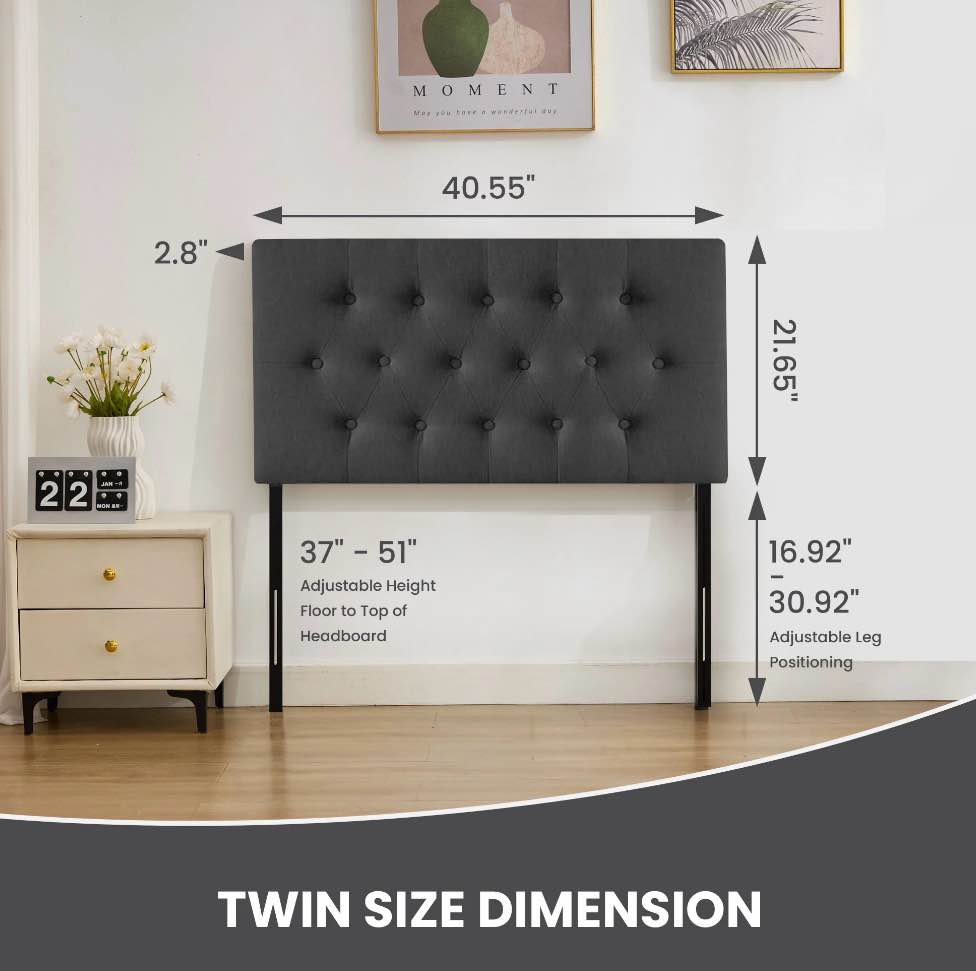 Condition photo showing New/Like New for jonpony tufted upholstered headboard twin size, solid wood head board with adjustable height headboard from 37" to 51",bed frame adapters,black,headboard only