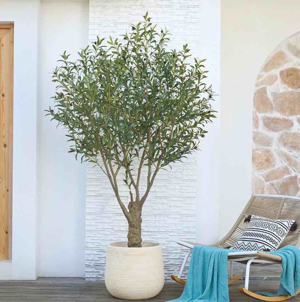 dr.planzen 7ft giant artificial olive tree, tall silk faux olive tree with massive trunk base, large uv resistant black plastic potted plant for indoor outdoor home office decor