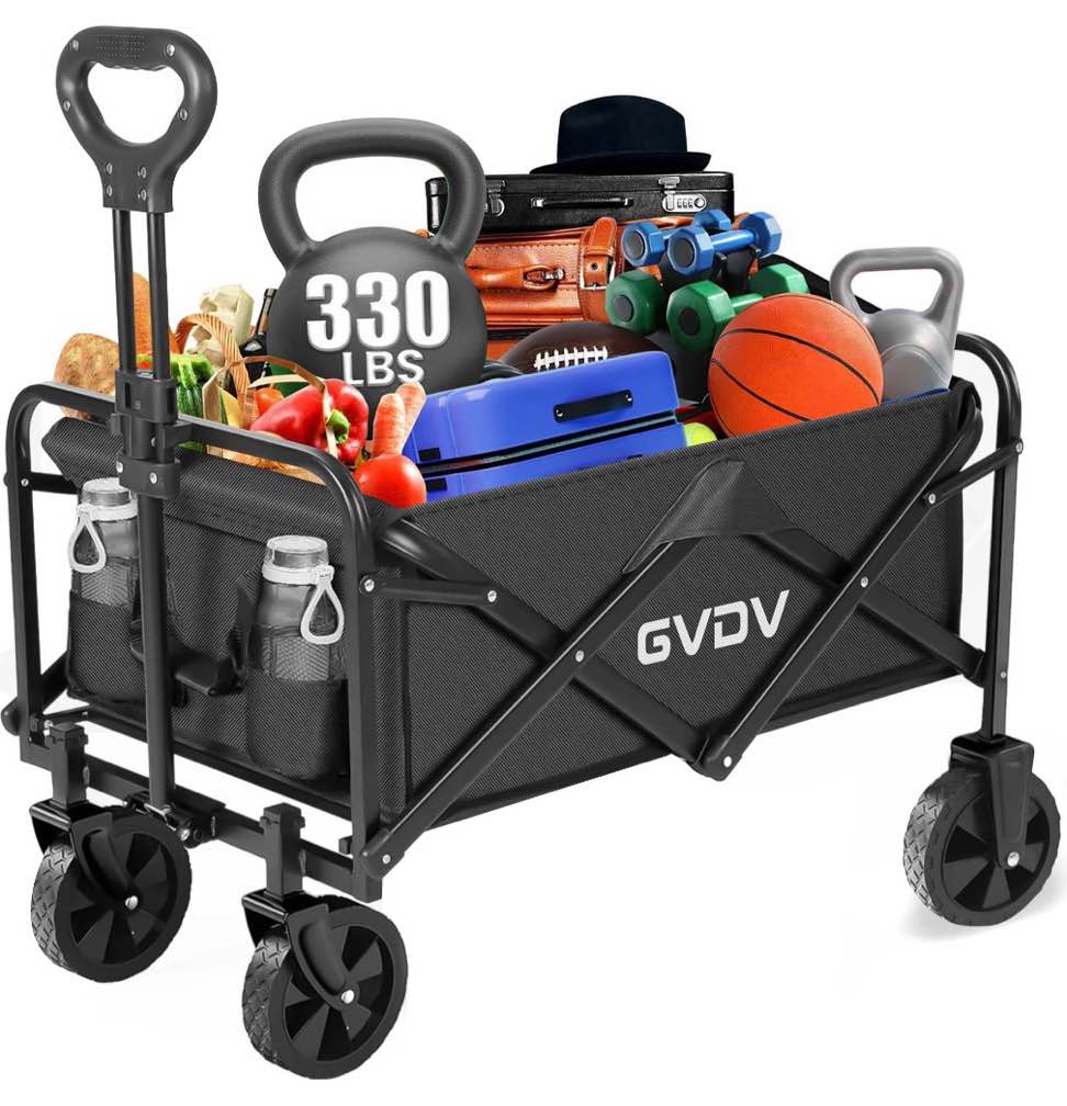 gvdv collapsible wagon cart, portable utility wagon for camping, beach, picnic, shopping, sports, and grocery transport, black