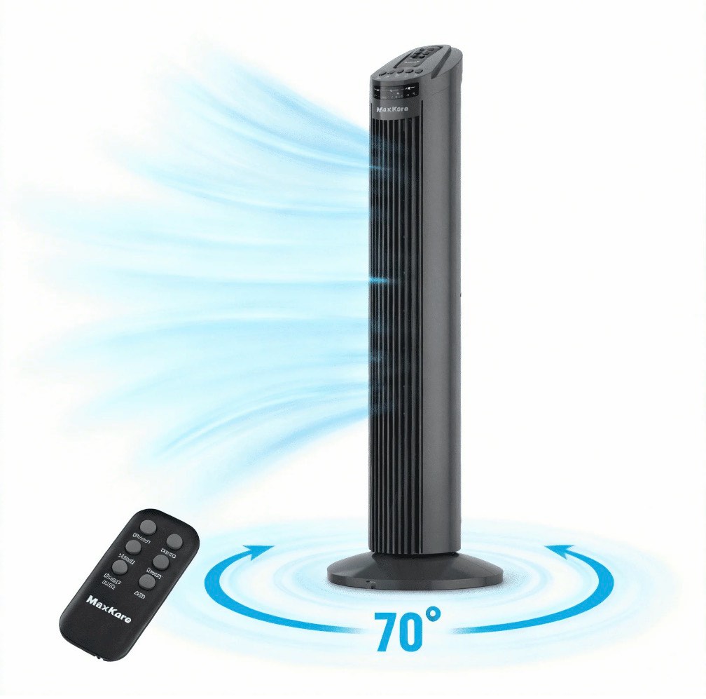 maxkare 30  tower fan 70° oscillating cooling fan with remote control 3 speeds 3 wind modes  7.5h timer  gray  brand new