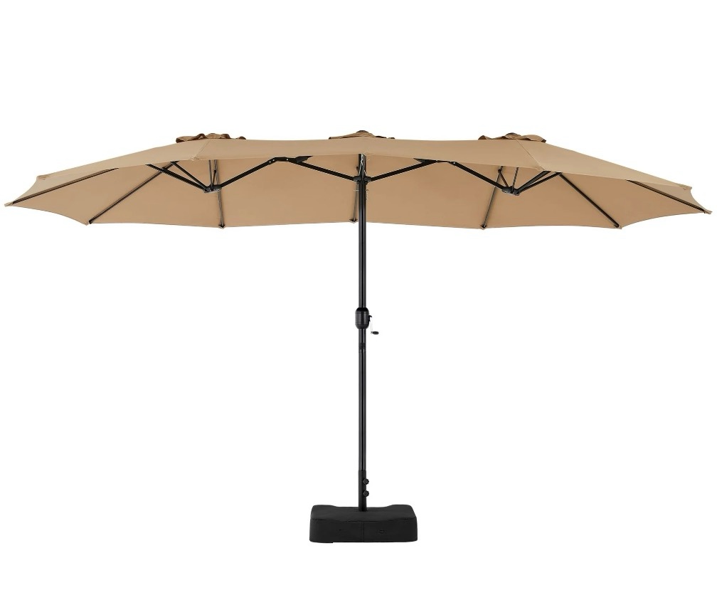 edx 15ft patio umbrellas (base included), large outdoor double-sided rectangle market umbrella with stand for poolside, lawn, and backyard, khaki