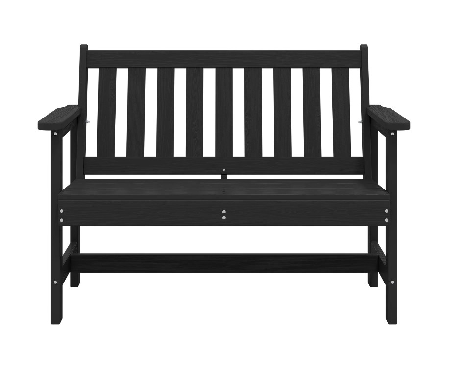 Condition photo showing New/Like New for serwall outdoor bench for 2-person, weather-resistant hdpe with aluminum reinforcement, supports 660 lbs, comfortable seating for patio, garden, and porch, black