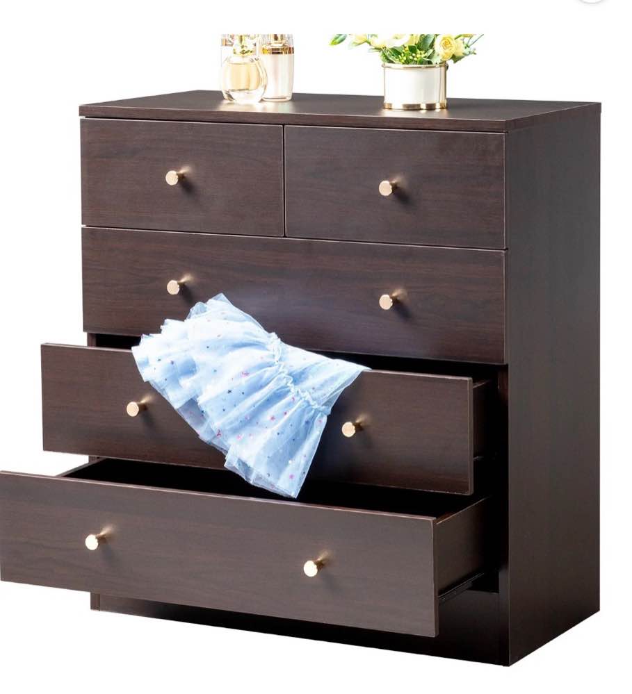 ubesgoo 5 drawer wood dresser for bedroom, chest of drawers, storage organization unit for clothing, brown