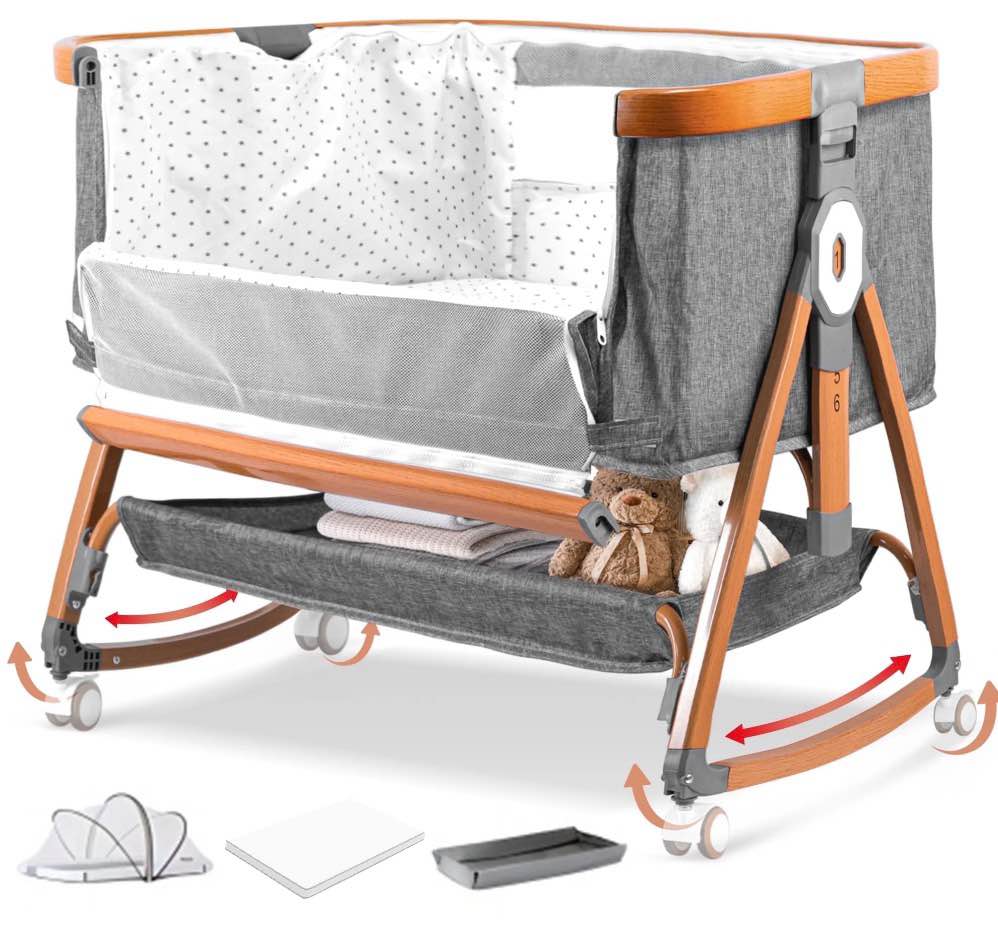 rupoun bassinet bedside sleeper, portable baby crib with 6 adjustable heights and breathable mesh panels, foldable, gray