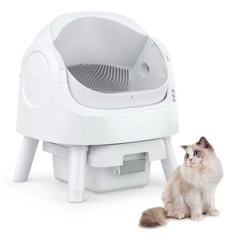 petpivot automatic cat litter box self-cleaning with safety protection, mat and trash bags included, white