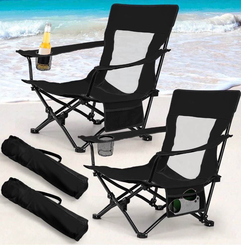 coliware folding backpack beach chair set of 2, black compact lightweight camping chair with carry bag cup holder, outdoor reclining low-profile travel chair for adults clearance, heavy-duty