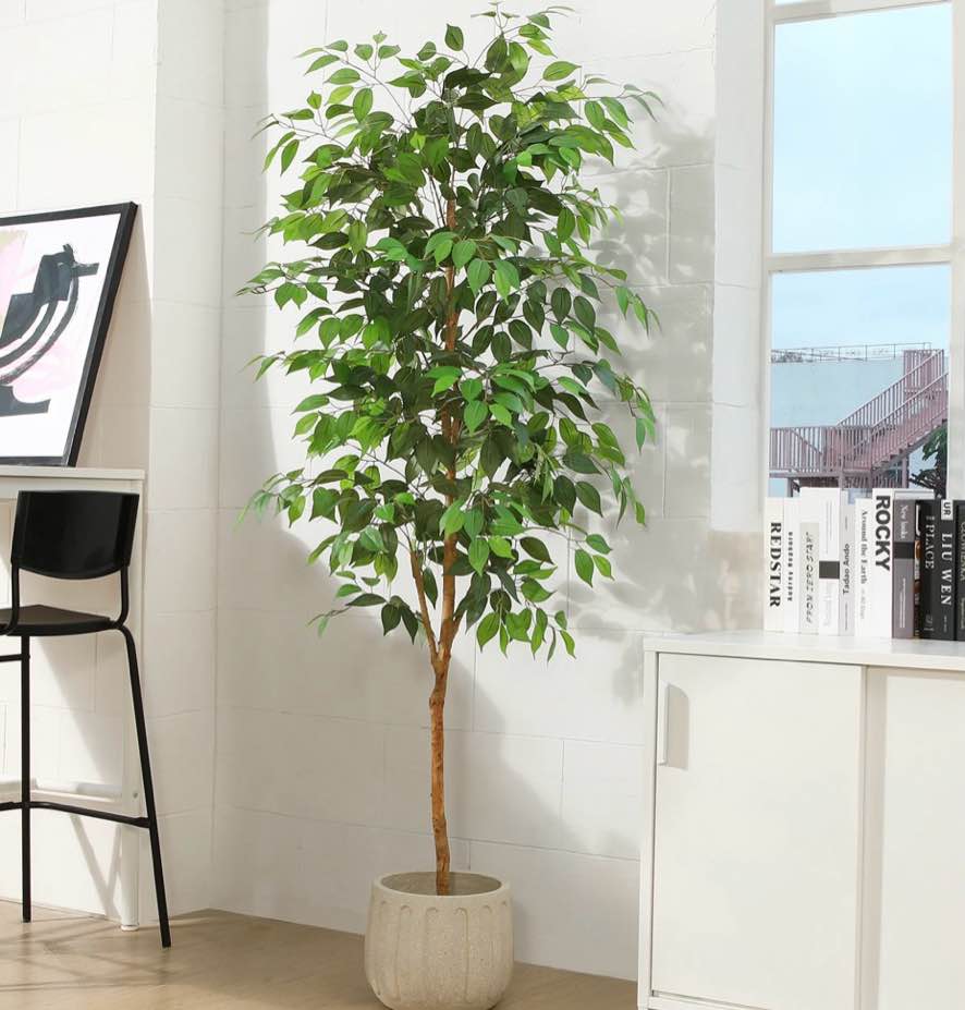 6ft artificial ficus tree with natural wood trunk and lifelike leaves, silk fake potted tree with wood branches, faux tree for office home decor