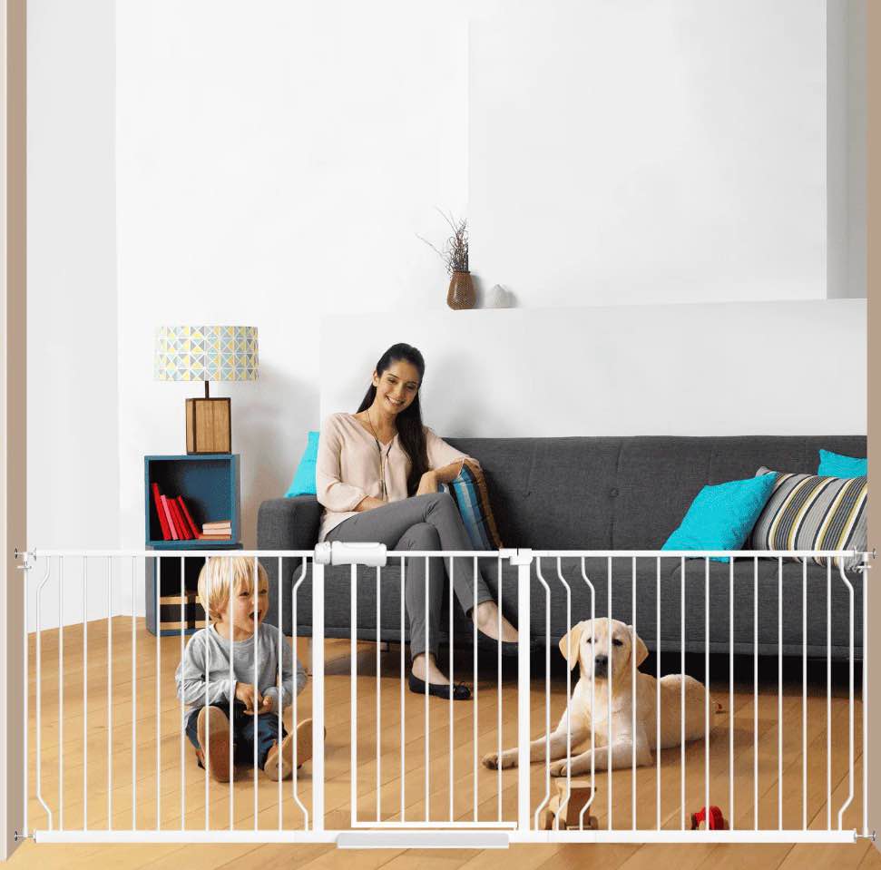 furdear 84.9-94.9" extra wide baby safety gate walk thru white metal gate