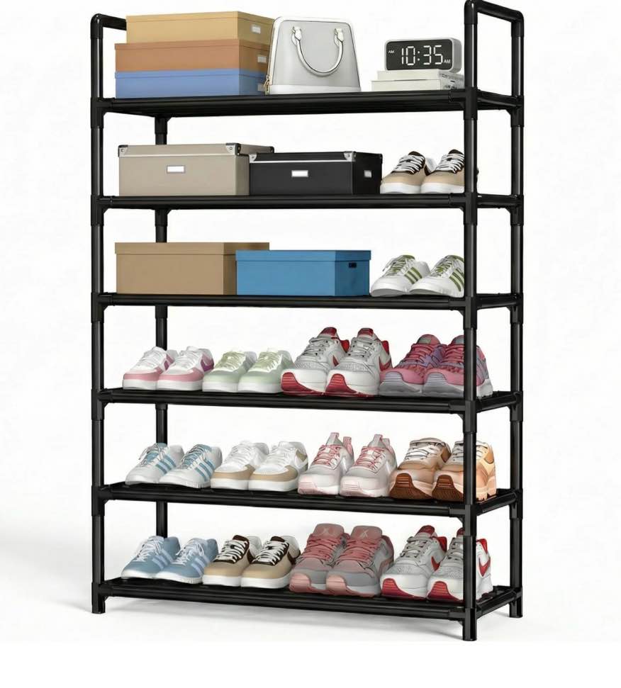 krpimt 6-tier shoe rack, 31.5" stackable shoe organizer storage holds 18-24 pairs, metal shoe shelf for entryway hallway and closet, black