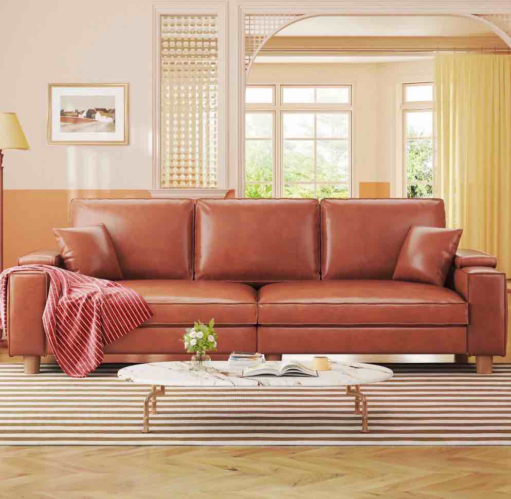101" large pu leather sofa couch, spring cushion modern couch with 24" extra deep seat, wide storage armchair, comfy upholstered oversized loveseat (includes 2 pillows) for living room, office, brown