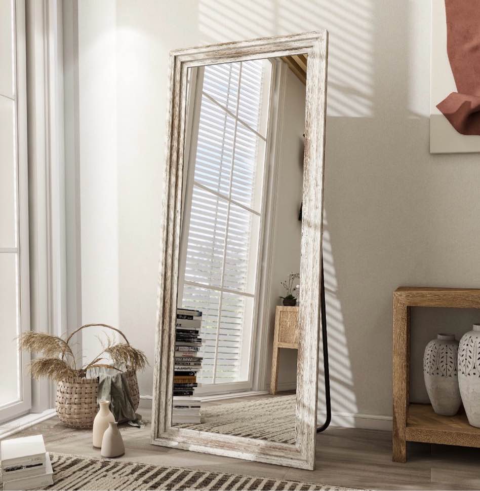 beautypeak 71"x30" full length mirror with stand solid wooden framed floor mirror full body mirror,retro white