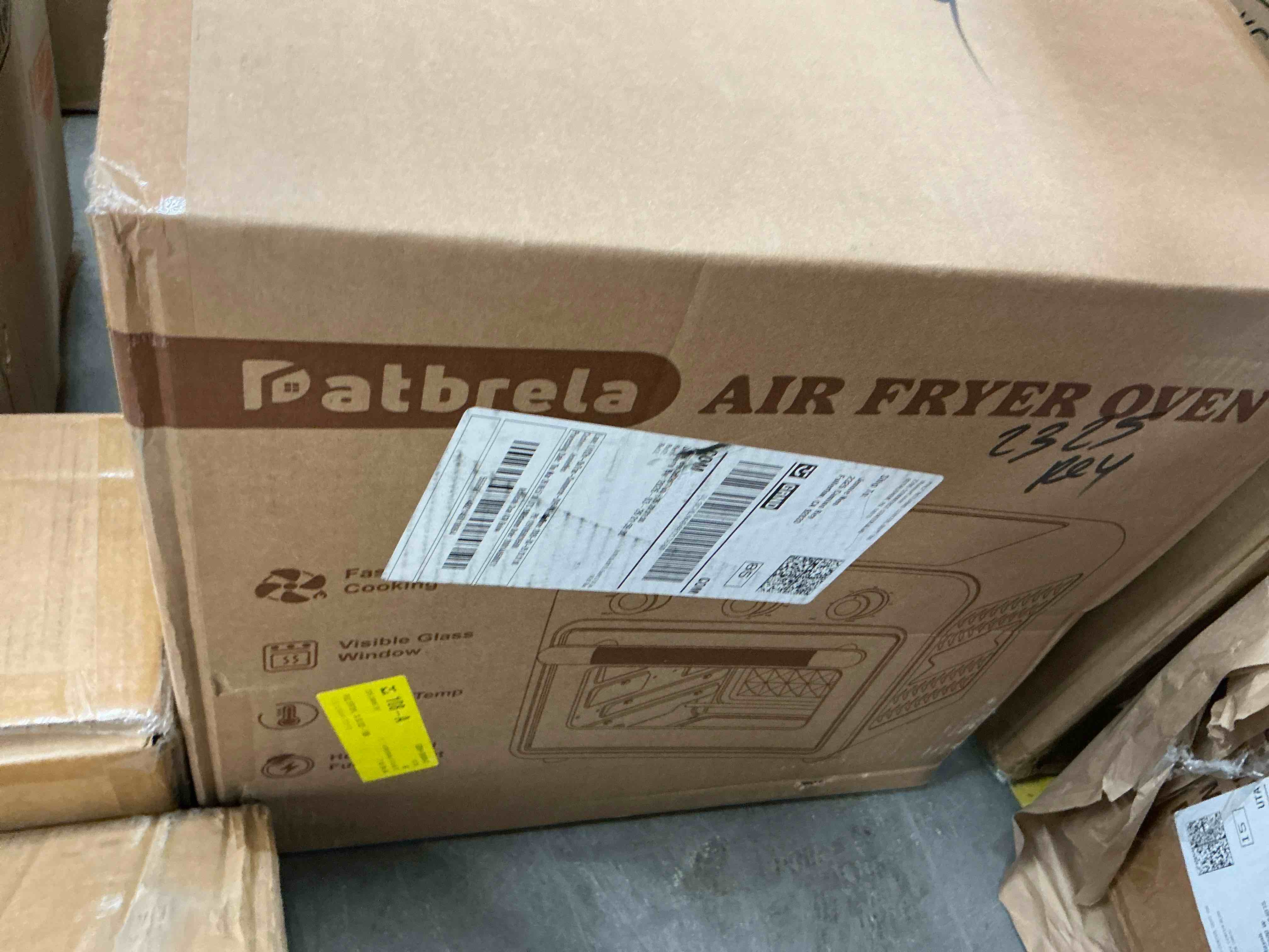 Condition photo showing New/Like New for 19qt air fryer toaster oven with convection, 5-in-1 countertop cooker, visible window, oil free, 1500w, black