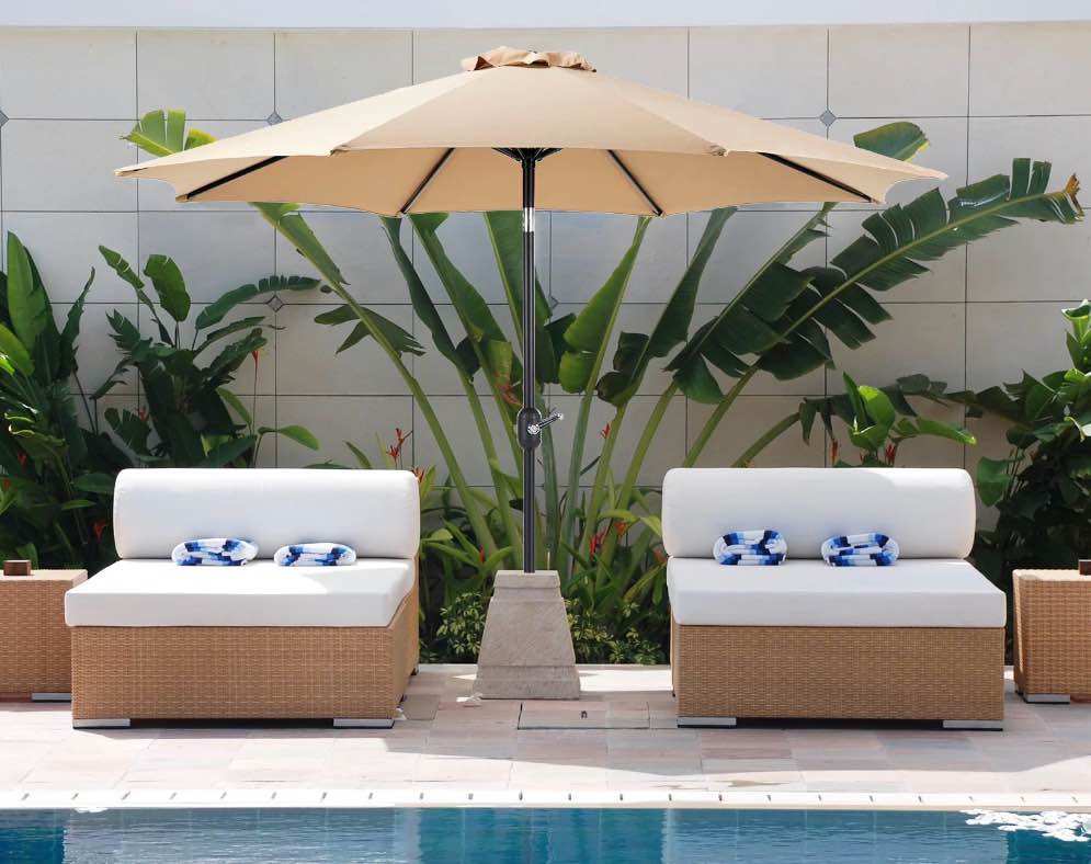 edx 9ft outdoor patio umbrella with push button tilt and crank handle, market umbrella with 8 sturdy umbrella ribs, uv protection, waterproof, khaki