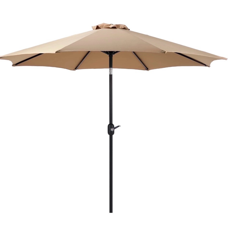 Condition photo showing New/Like New for edx 9ft outdoor patio umbrella with push button tilt and crank handle, market umbrella with 8 sturdy umbrella ribs, uv protection, waterproof, khaki