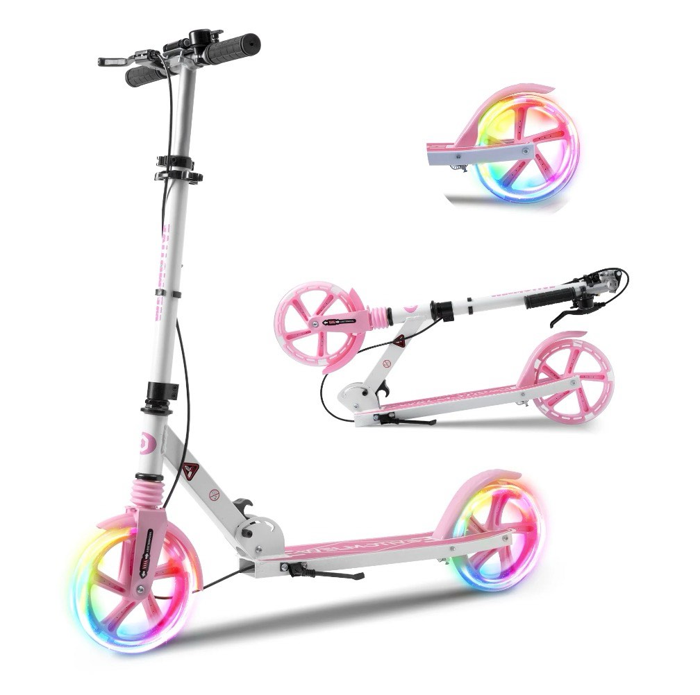 welmotive kick scooter for kids ages 6+ teens & adults, with front handbrake and rear brake, and adjustable handlebars, big sturdy pu flash wheels great gift & toy