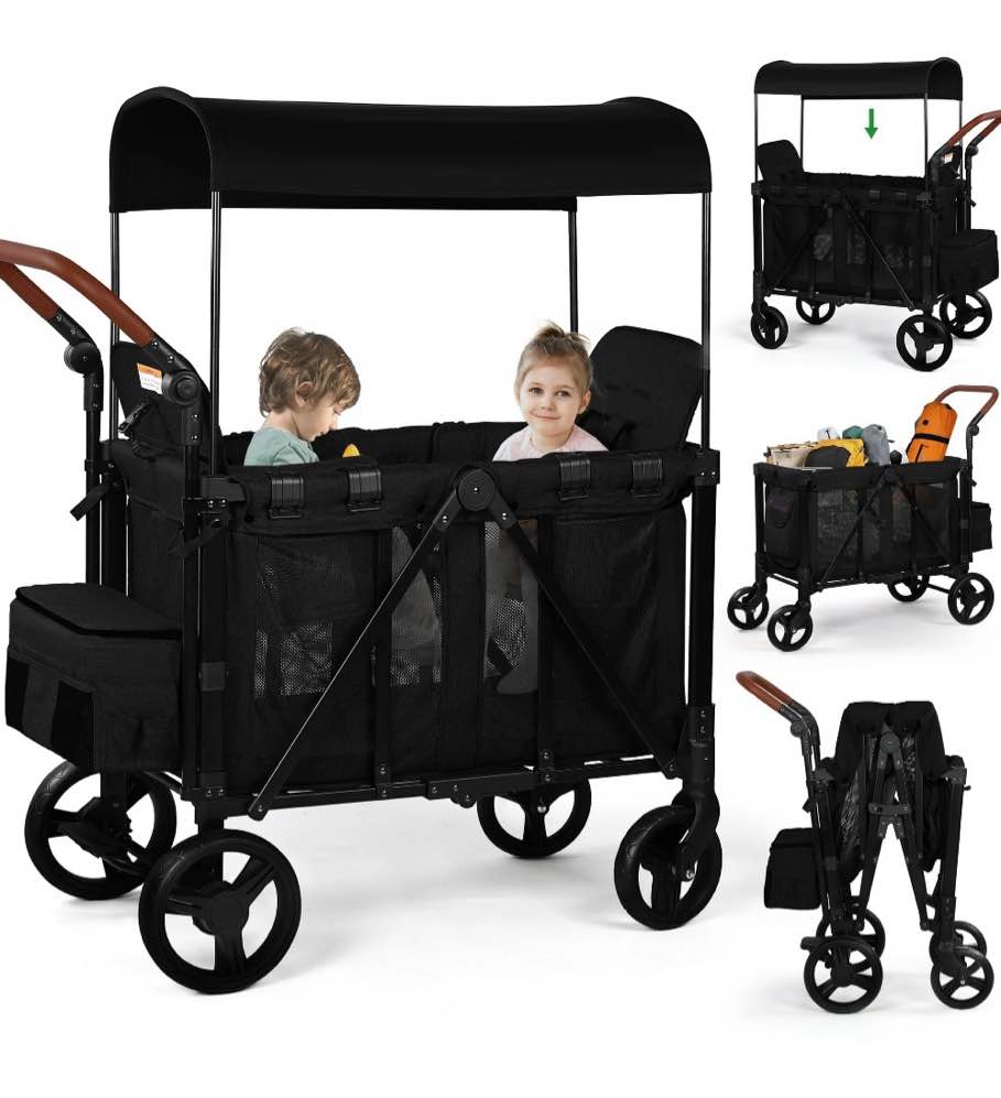 vomeast wagon stroller for 2 kids, 3-in-1 outdoor baby stroller wagon with canopy, 5-point harness, adjustable handlebars, removable seat for toddlers, black