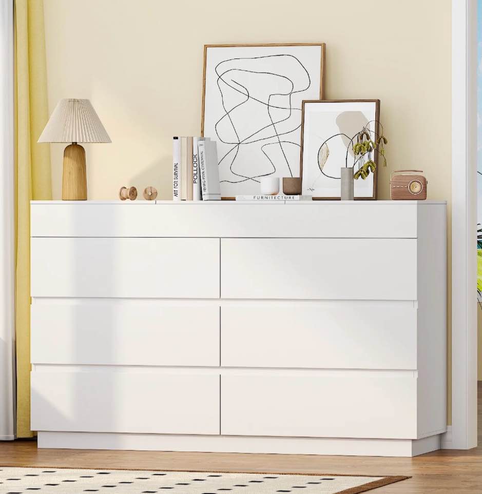 ktaxon 6 drawer double dresser with mirrow wood dresser storage cabinet drawer organizer chest of drawers, white