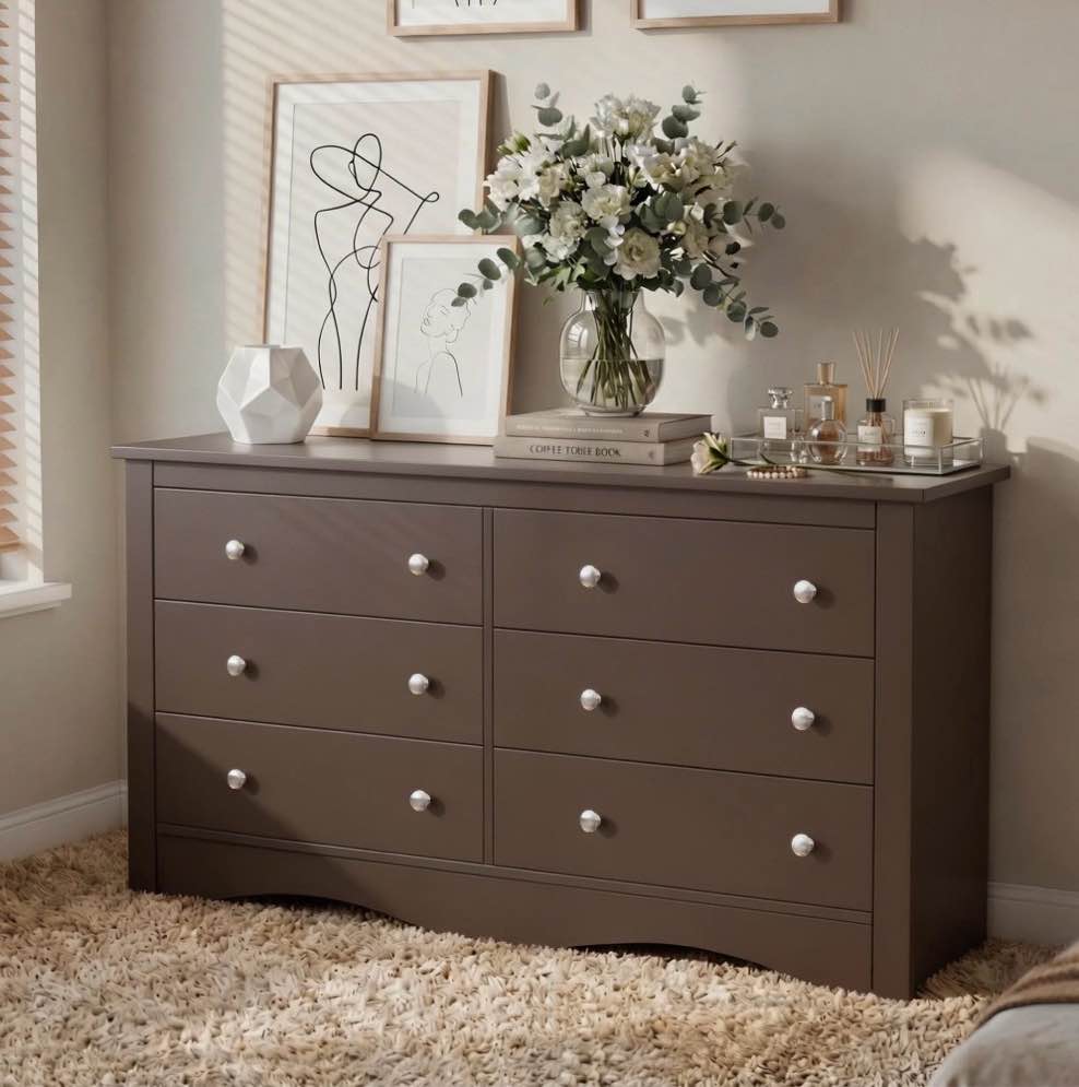 homall 52'' wide 6 drawer dresser for bedroom, modern wood chest of drawers with smooth-gliding drawers, storage organizer for bedroom living room, brown