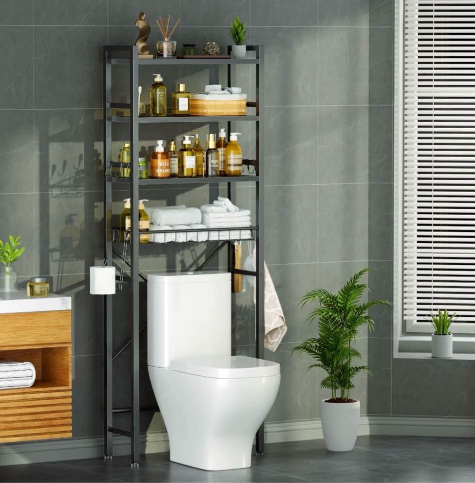 capri over the toilet storage, 4-tier freestanding bathroom shelf, above toilet space saver rack, black