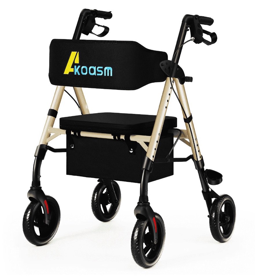 foldable rollator walker with seat for seniors - lightweight rolling walkers with brakes, 300 lb capacity, 8" all-terrain wheels, adjustable handles and seat height & removable storage bag, champagne